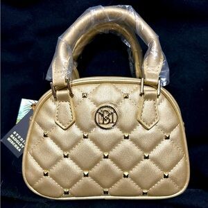 Studio Badgley Mischka Vegan Metallic Gold Leather Crossbody Dome Bag with Studs